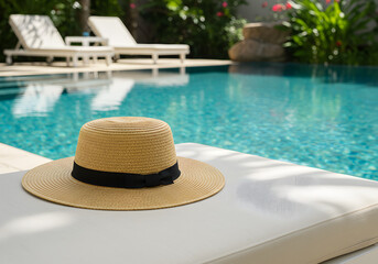 Obraz premium Sun hat by swimming pool for vacation leisure and relaxation