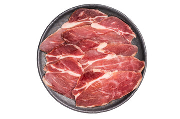 Thin slices of Speck, Jambon Italian cured meat isolated on white background. top view