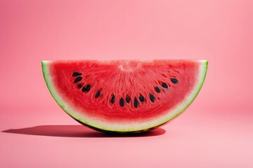 Half a ripe watermelon centered on a pastel pink background with copy space. Vibrant, minimal, and refreshing—perfect for summer ads, food design, packaging, advertising, wallpaper, banner, poster