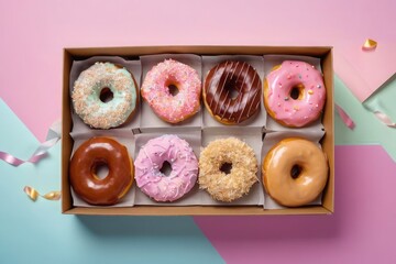 Assorted colorful donuts in a gift box, top view, on a vibrant multicolored background with copy space. Perfect for bakery ads, celebrations, party invites, packaging, dessert promotions, pastry, card