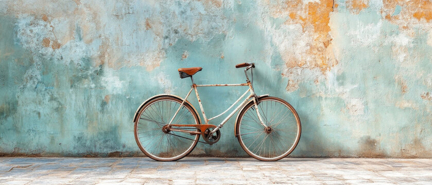 An old bicycle frame against a wall with peeling paint. Suitable for articles about vintage things and cityscapes.