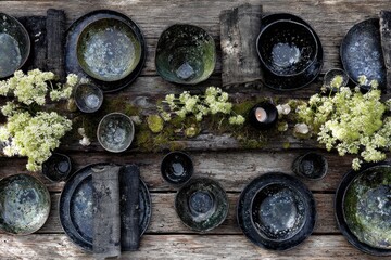 Rustic, dark tableware on weathered wooden planks, adorned with moss and wildflowers