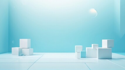 Abstract business background with light blue gradient, white geometric cubes, and white studio floor. Minimalistic composition with copy space for text. Banner, poster, advertising, space for text