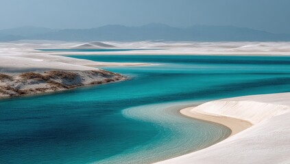 Turquoise water curves through white sand dunes, distant mountains