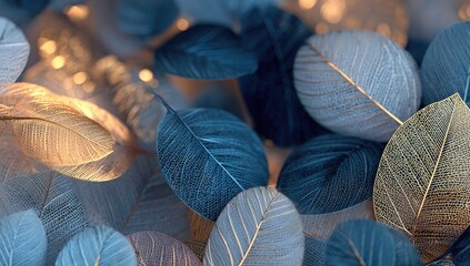 Abstract, decorative leaves in gold, blue, and gray