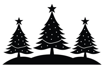Obraz premium Black and White Silhouette of Three Christmas Trees with Stars and Ornaments