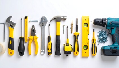 Assorted construction tools laid out