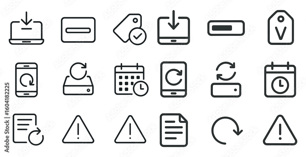 Poster data transfer and synchronization outline icons set – line, cycle, refresh symbols