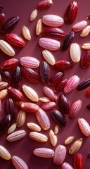 Colorful rice grains scattered on a maroon surface