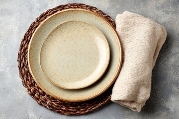 Empty plates and napkin on a placemat, top-down view