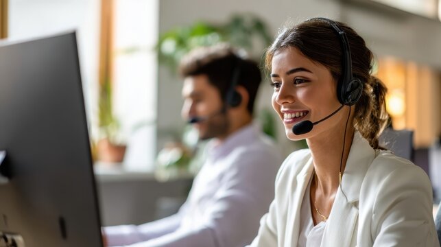 The smiling woman at a modern call center assisting customers with professionalism. - Powered by Adobe