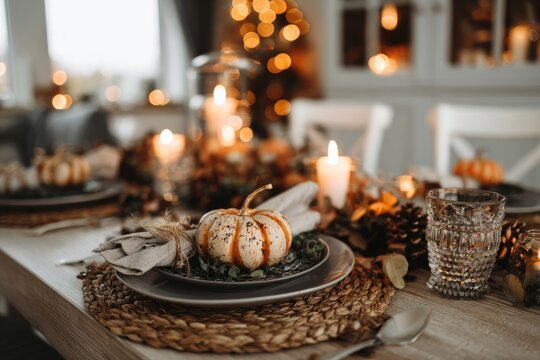 Autumnal Thanksgiving table setting with pumpkins, candles, and foliage