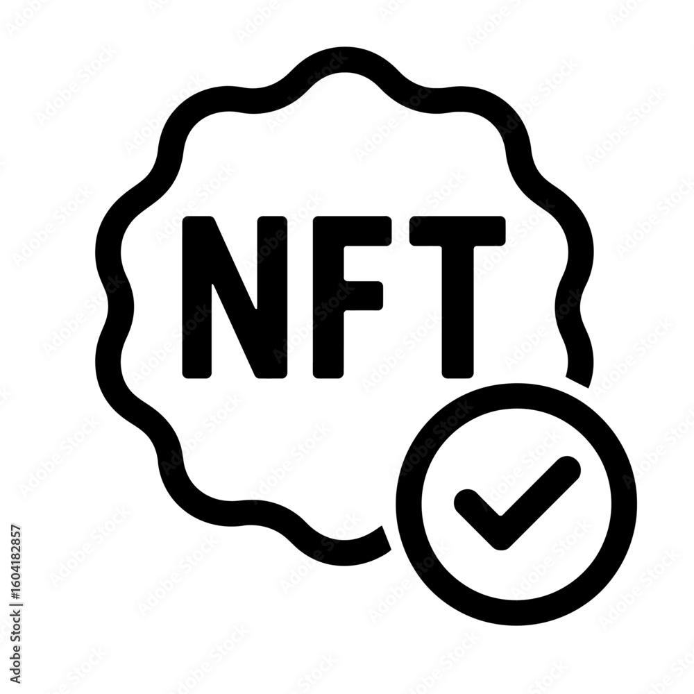 Poster nft verified badge icon - black and white vector for non-fungible token authentication and digital a