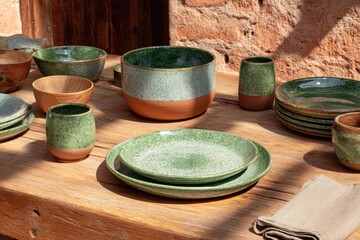 Assorted ceramic tableware on a rustic wooden table, featuring muted greens and light blues, in sunlight
