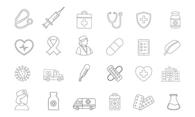 Medical and healthcare icon set. Containing medicine, hospital, doctor, nurse, ambulance, medical, treatment, pills, mental care and more. Editable line icons. Medical line icon vector illustration.
