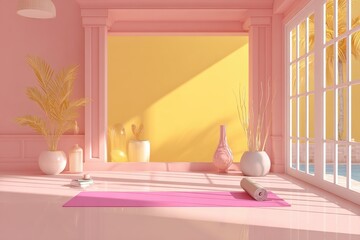 Pink yoga studio with sunlit yellow wall