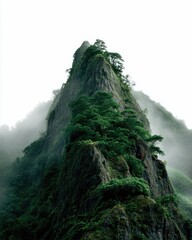 Misty mountain peak, lush green foliage clinging to jagged rock face