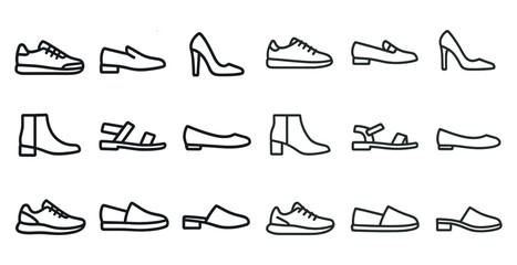 Shoes and footwear linear icons set – outline, flat, fashion and apparel symbols