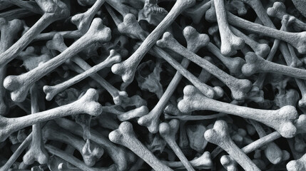  Realistic bone texture background in grayscale, piled skeletal structure for horror themes