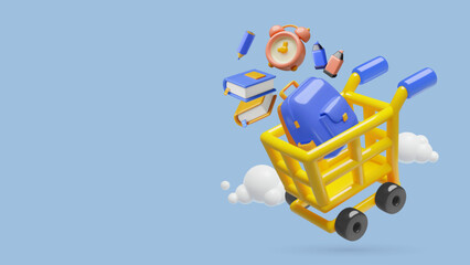 3D School bag and supplies in a shopping cart on blue background. Shopping and stationary sale concept. Vector illustration.