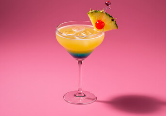 Tropical cocktail with pineapple and cherry on pink background