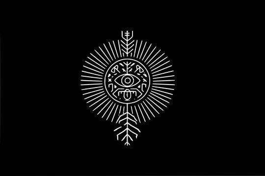 Outline drawing of a seated figure with a crown holding a book and a scepter in a dark setting