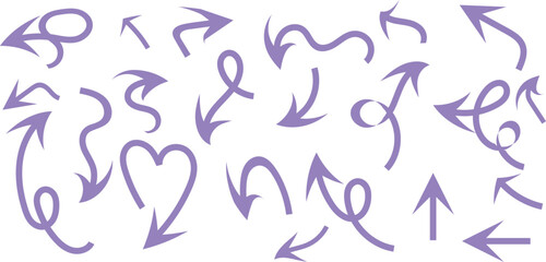 Hand-drawn decorative arrows in playful curved styles, including loops, spirals, and heart shapes. Great for presentations, infographics, journaling, or creative visual directions and guides.