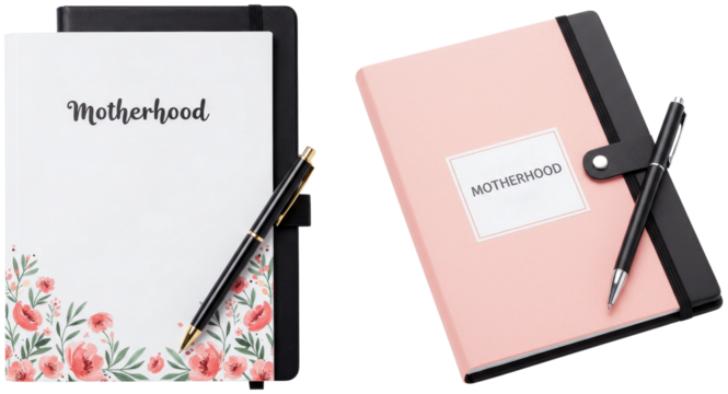 Motherhood notebooks with floral designs and sleek black pens