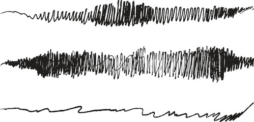 Set of 3 abstract black sketch soundwave lines, hand-drawn with chaotic textured strokes. Artistic noise waveform style for audio design. Isolated grunge scribble illustrations.
