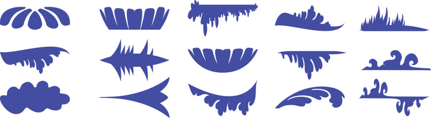 Collection of 15 abstract blue splash shapes in vector style, ideal for design, comics, or artistic accents. Unique liquid, wave, and drip silhouettes. Isolated creative motion elements.