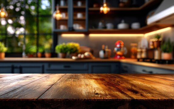 A warm, inviting kitchen scene with a rustic wooden table in the foreground, surrounded by modern cabinetry, greenery, and ambient lighting that creates a homely atmosphere.