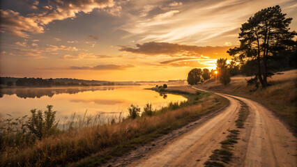 Golden Sunrise over Serene Lake: A breathtaking sunrise bathes a serene lake and winding dirt road in a warm golden hue, the sky painted with gentle clouds, evoking peace and tranquility.