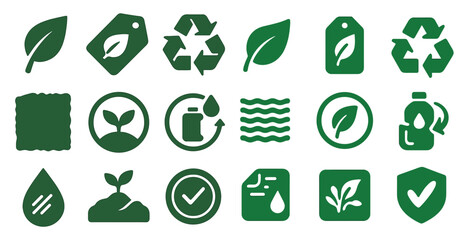 Eco-friendly symbols solid icons set &ndash; recycling, sustainability, green concepts