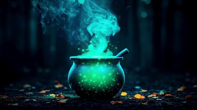 Enchanted cauldron glowing in a mystical forest