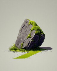 Gray rock with moss, subtle shadow, grassy ground, and a light green line