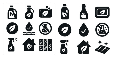 Eco-friendly cleaning silhouette icons set – green, organic, sustainable symbols