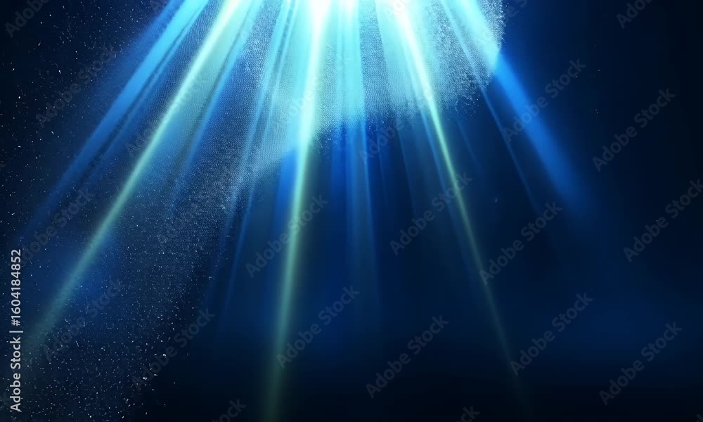 Poster abstract blue light beams bursting from above with dynamic glow and sparkling particles against a da