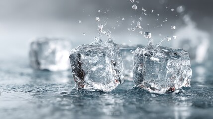 Close-up of glistening ice cubes creating splash on a reflective surface