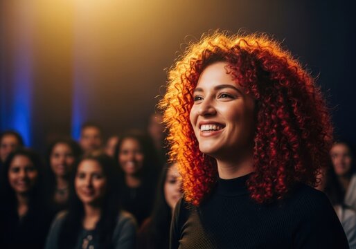 Woman with curly red hair enjoys a performance under stage lights