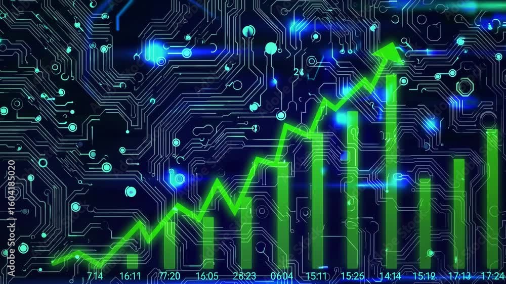 Poster detailed closeup of computer circuit with green arrow innovation focus, ideal for tech and science p