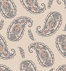 Seamless paisley pattern with intricate fine-line floral motifs in navy and soft coral on a beige background, perfect for textile, apparel, and premium surface design.