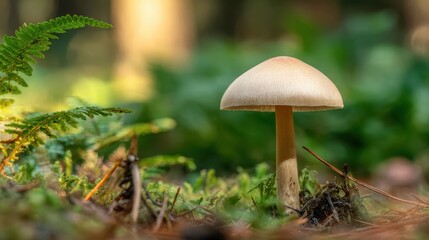 The delicate mushroom standing gracefully in a lush forest landscape