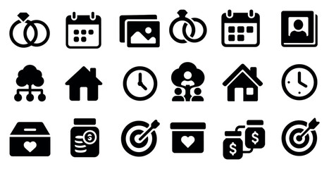 Wedding and event solid icons set – filled, celebration, planning symbols