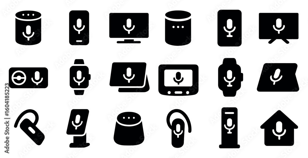 Poster smart speaker and voice control solid icons set – filled, device and tech symbols