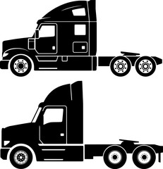 Black silhouette of side-profile semi-truck with tall cab and flatbed chassis, ideal for transportation logos, icons, and heavy-duty haulage designs