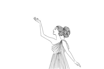 A woman in a toga with her arm raised in a black and white sketch style illustration on white background