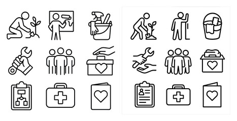 Charity and community outline icons set – helping, volunteer, social symbols