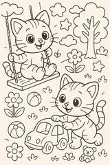Zwei lachende Katzen spielen mit Auto Ball und Schaukel im Garten als Cartoon-Ausmalbild