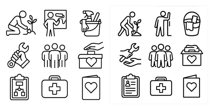 Charity and community outline icons set – helping, volunteer, social symbols