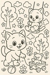 Fröhliche Katzen mit Bollerwagen Schaukel Ball und Blumen auf einem Ausmalbild im Garten